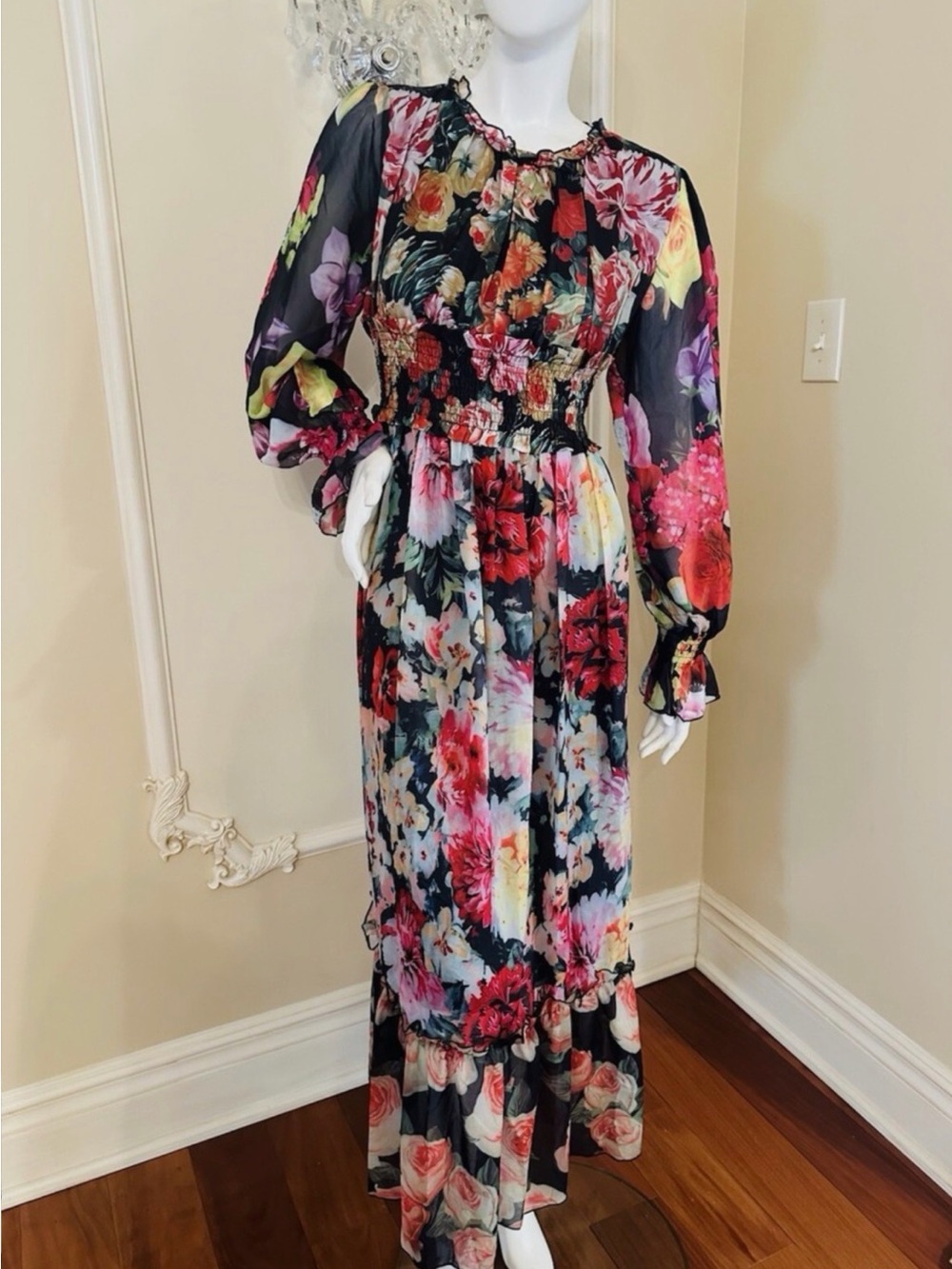 Dalia Macphee VIBRANT Floral Chiffon Smocked Waist Maxi Dress MEDIUM GORGEOUS - Picture 13 of 16